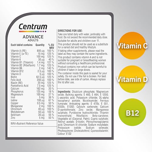 Centrum Advance Multivitamin & Mineral Supplements, 24 essential nutrients including vitamin D, C, Calcium, Daily Multivitamin Tablets, 180ct - BBE 11/2027