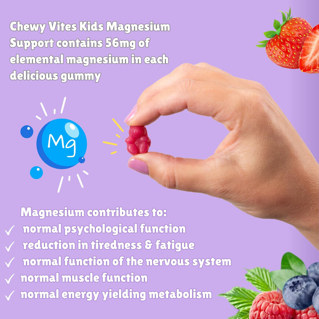 Chewy Vites Kids Magnesium, 2 Months Supply, 60 Kids Vitamins Gummies, 500mg Magnesium Citrate Providing 56mg per Gummy, Real Fruit Juice, Age 3 +, Berries Flavour - BBE 11/2027