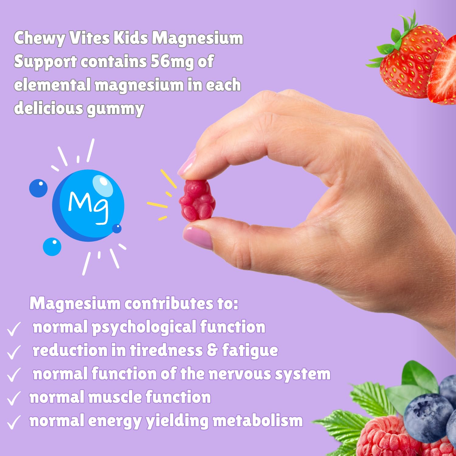 Chewy Vites Kids Magnesium, 2 Months Supply, 60 Kids Vitamins Gummies, 500mg Magnesium Citrate Providing 56mg per Gummy, Real Fruit Juice, Age 3 +, Berries Flavour - BBE 11/2027