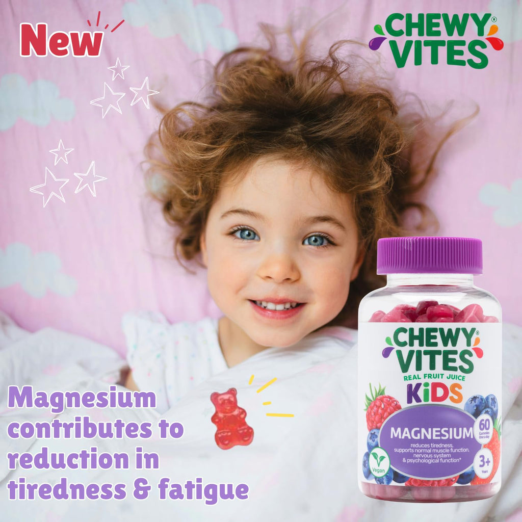 Chewy Vites Kids Magnesium, 2 Months Supply, 60 Kids Vitamins Gummies, 500mg Magnesium Citrate Providing 56mg per Gummy, Real Fruit Juice, Age 3 +, Berries Flavour - BBE 11/2027