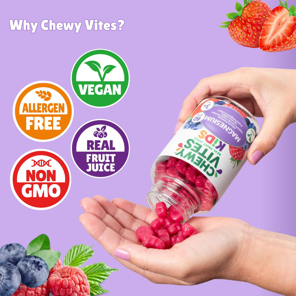 Chewy Vites Kids Magnesium, 2 Months Supply, 60 Kids Vitamins Gummies, 500mg Magnesium Citrate Providing 56mg per Gummy, Real Fruit Juice, Age 3 +, Berries Flavour - BBE 11/2027