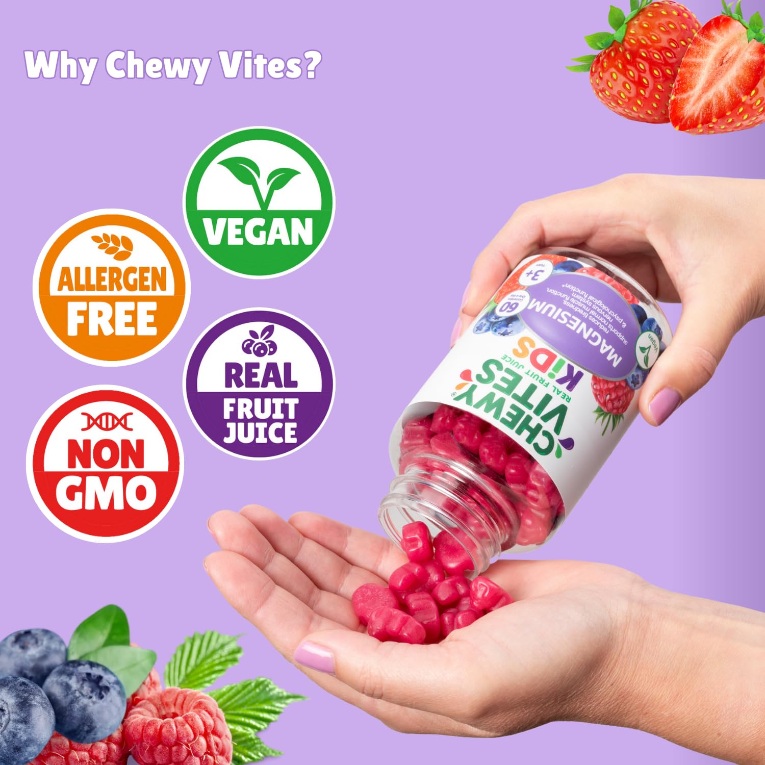 Chewy Vites Kids Magnesium, 2 Months Supply, 60 Kids Vitamins Gummies, 500mg Magnesium Citrate Providing 56mg per Gummy, Real Fruit Juice, Age 3 +, Berries Flavour - BBE 11/2027