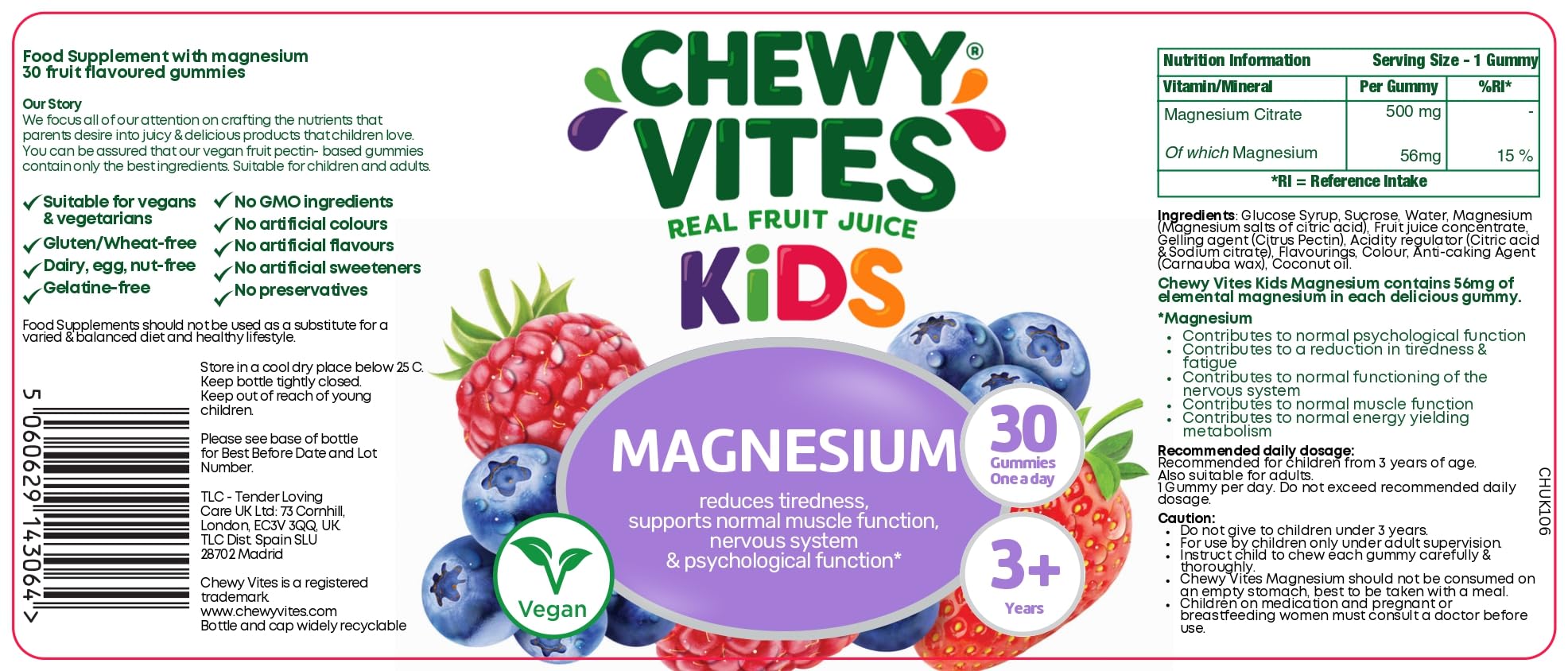 Chewy Vites Kids Magnesium, 2 Months Supply, 60 Kids Vitamins Gummies, 500mg Magnesium Citrate Providing 56mg per Gummy, Real Fruit Juice, Age 3 +, Berries Flavour - BBE 11/2027