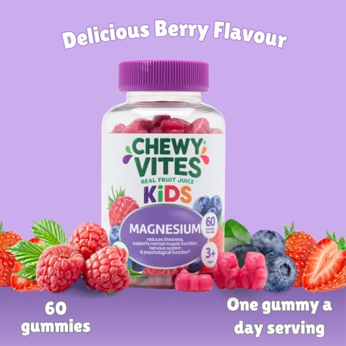 Chewy Vites Kids Magnesium, 2 Months Supply, 60 Kids Vitamins Gummies, 500mg Magnesium Citrate Providing 56mg per Gummy, Real Fruit Juice, Age 3 +, Berries Flavour - BBE 11/2027