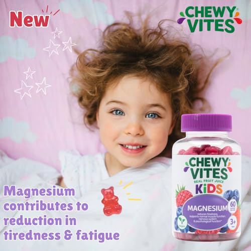 Chewy Vites Kids Magnesium, 2 Months Supply, 60 Kids Vitamins Gummies, 500mg Magnesium Citrate Providing 56mg per Gummy, Real Fruit Juice, Age 3 +, Berries Flavour - BBE 11/2027