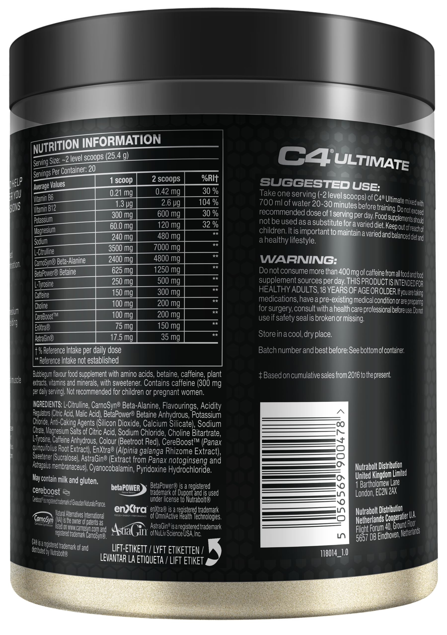 C4 Ultimate Pre Workout Powder Bubblegum 20 Servings, 40 if Single Scooped | Zero Sugar Pre Workout with Caffeine 300mg, L Citrulline 7000mg, Beta Alanine 4800mg, Vitamins and Electrolytes - BBE 06/2026