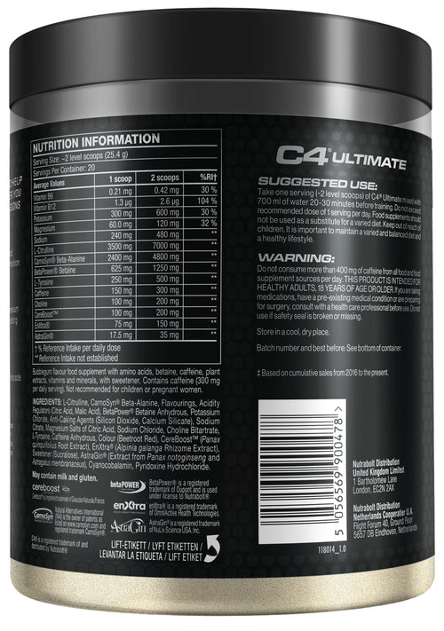C4 Ultimate Pre Workout Powder Bubblegum 20 Servings, 40 if Single Scooped | Zero Sugar Pre Workout with Caffeine 300mg, L Citrulline 7000mg, Beta Alanine 4800mg, Vitamins and Electrolytes - BBE 06/2026