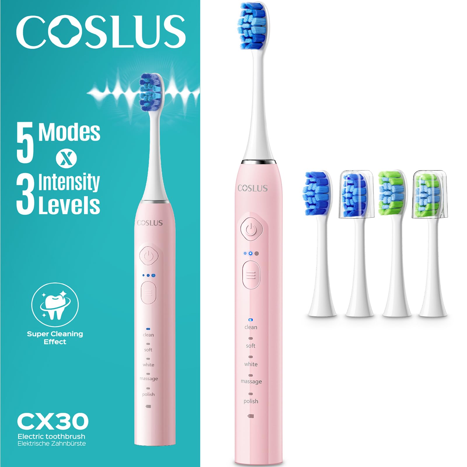 COSLUS C30 Electric Toothbrush for Adults: 3 Intensities & 5 Modes Customized for Effective Yet Gentle Ultra-Clean Feel, 2 Types of Heads for Gentle or Daily Care, Pink & Pink Button, 1PC - Damaged Box