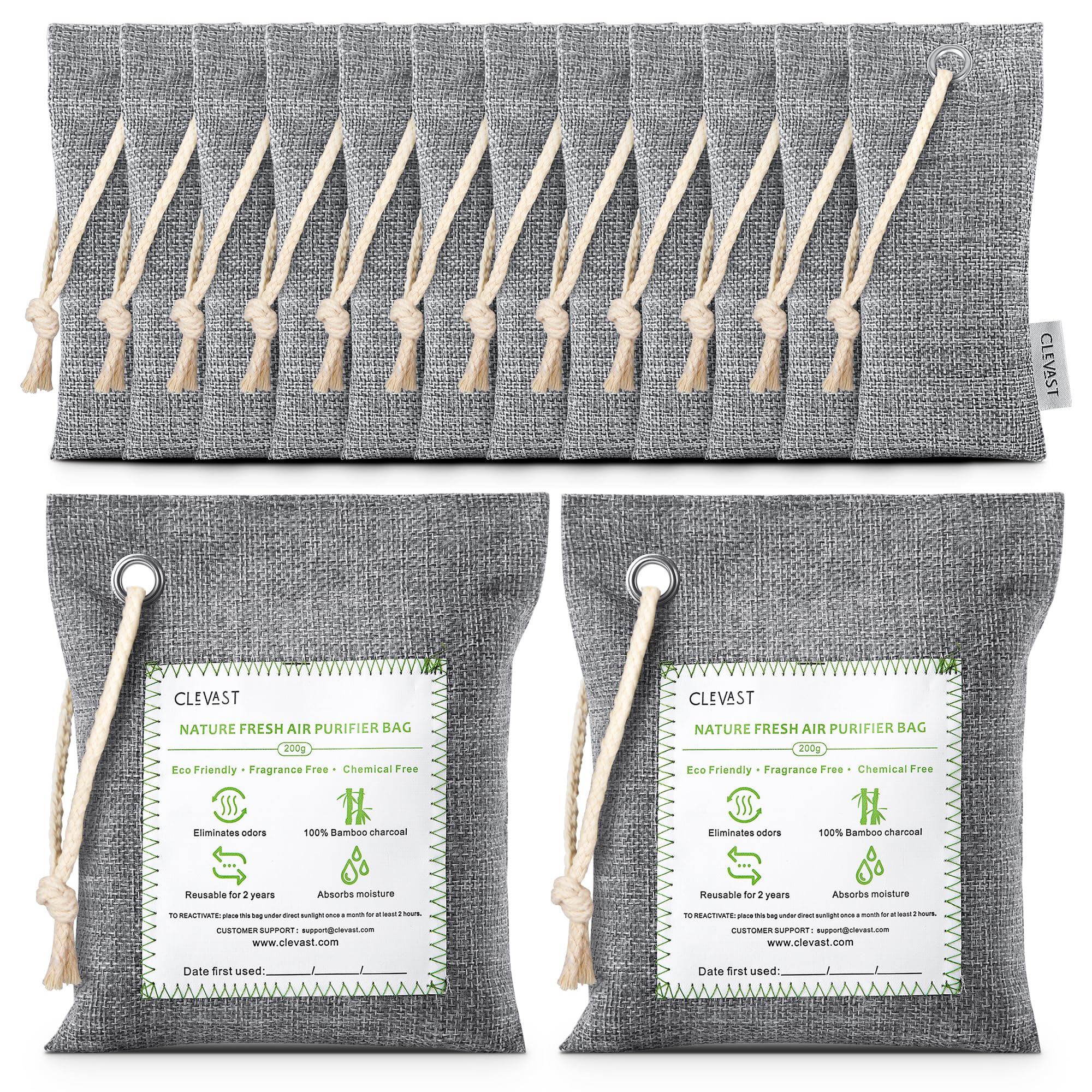 CLEVAST Bamboo Charcoal Air Purifying Bags (6x75g), Removes Odors and Moisture, Nature Fresh Air Purifier Bags, Deodorizer Eliminator, Purifier for Closet, Shoe, Large Room, Car Air freshener