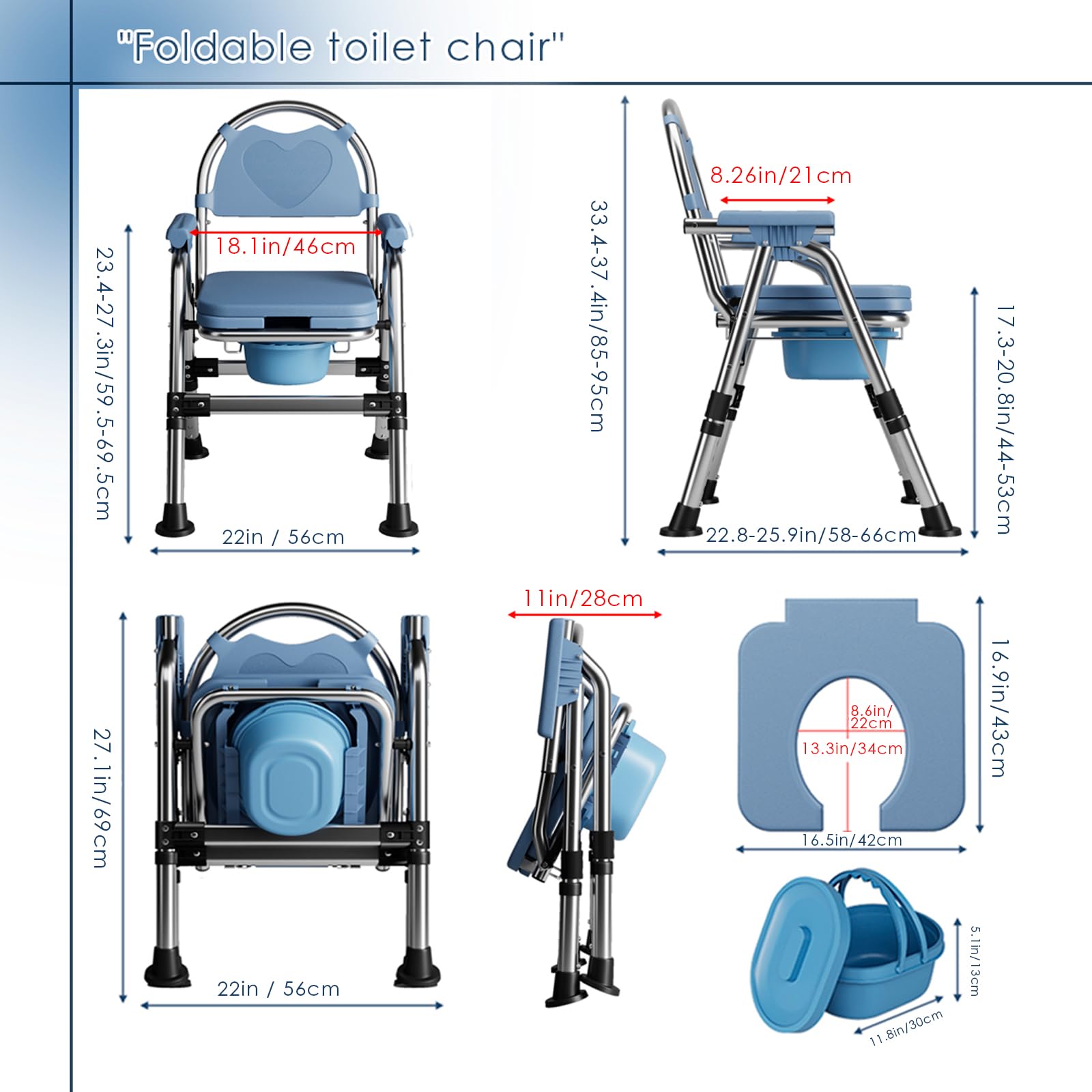 CYHWQ Commode Chair for Seniors, Portable Bedside commodes Chair, Height-Adjustable, Toilet Chair with Padded Seat Plate and Toilet Bucket, Foldable Stable, Load Capacity 200 kg (CY-KJ6201) - Very Good