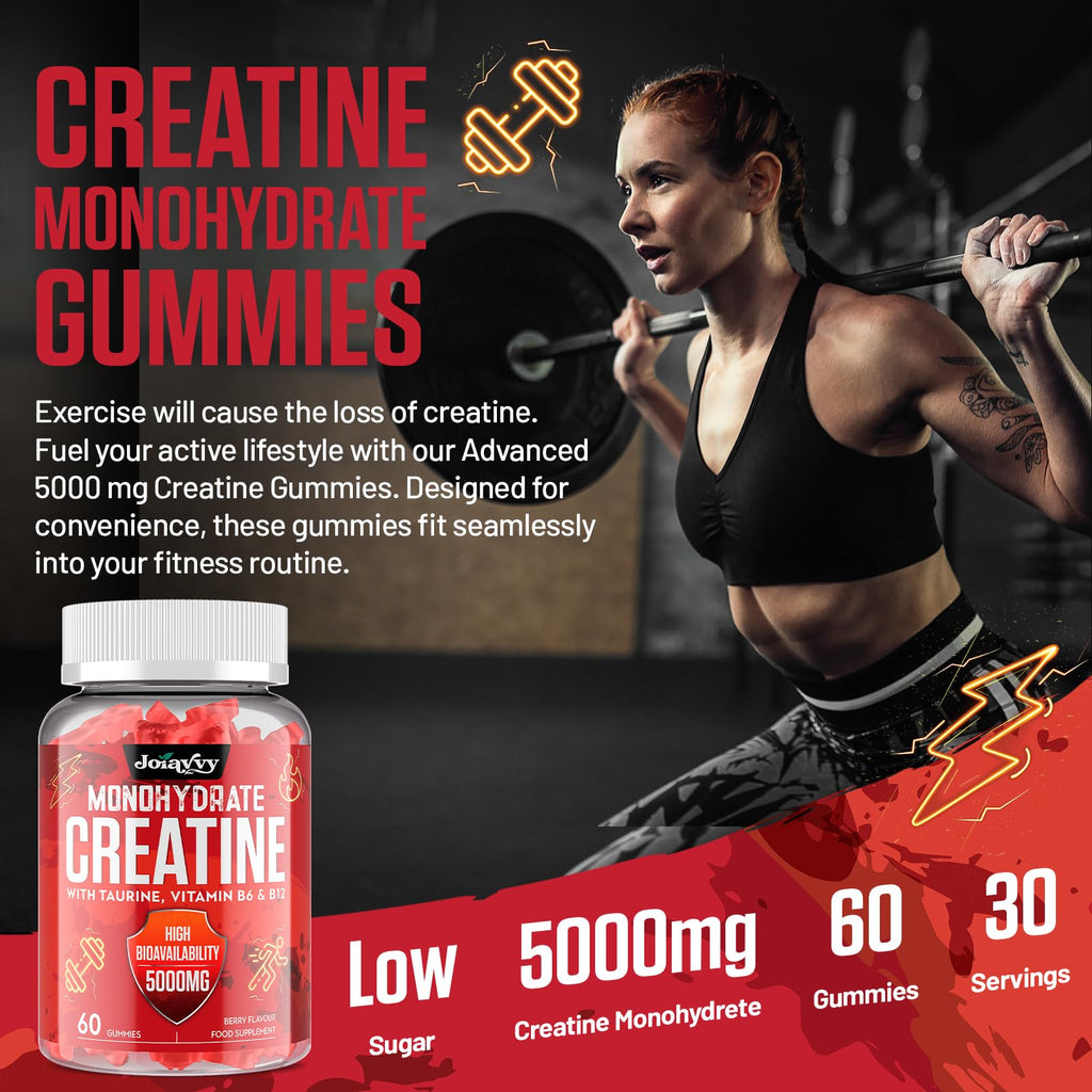 Creatine Monohydrate Gummies 5000mg Per Serving for Men & Women, Enhanced with Taurine & Vitamin B6, Pre -Workout Supplement for Muscle Growth, Strength & Recovery, Berry Flavor (60 Count (Pack of 2)) - BBE 02/2029