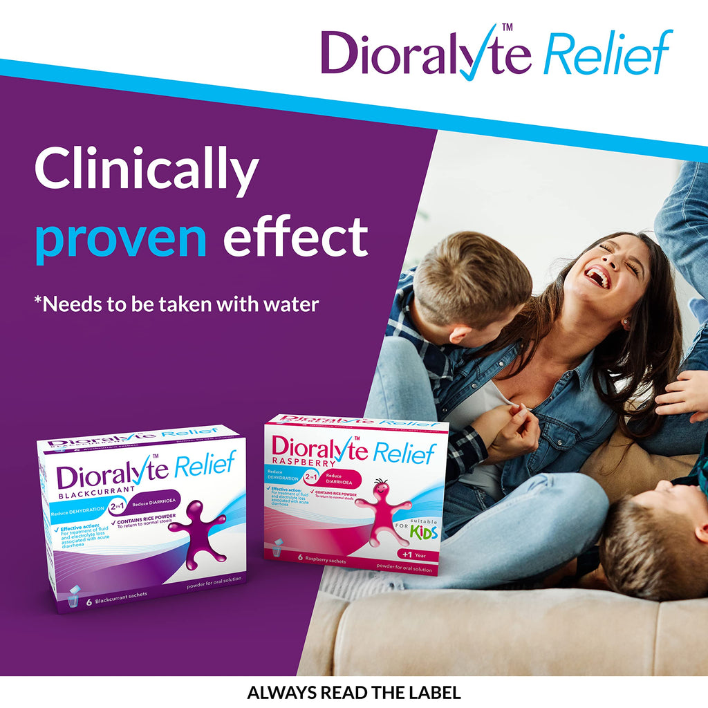 Dioralyte Relief Raspberry - Fast and Effective Rehydration Treatment to Help Replace the Loss of Body Fluid and Electrolytes (minerals and salts) - Raspberry Flavour, 6 Count (Pack of 1) - BBE 04/2028