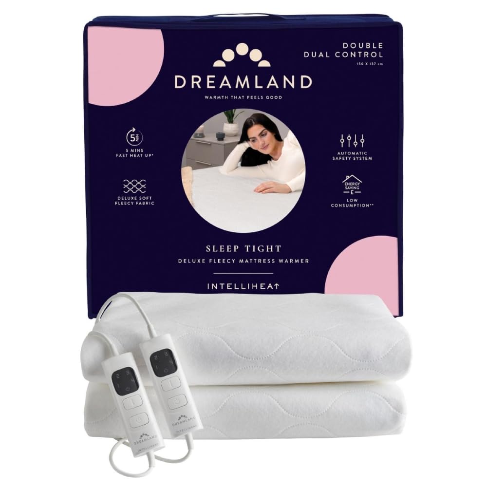 Dreamland Sleep Tight Electric Blanket - Premium Heated Fitted Underblanket with 6 Heat Settings, Fast Heat, Overheat Protection & Machine Washable, Timer, 150 x 137cm - Double Size Two Controllers