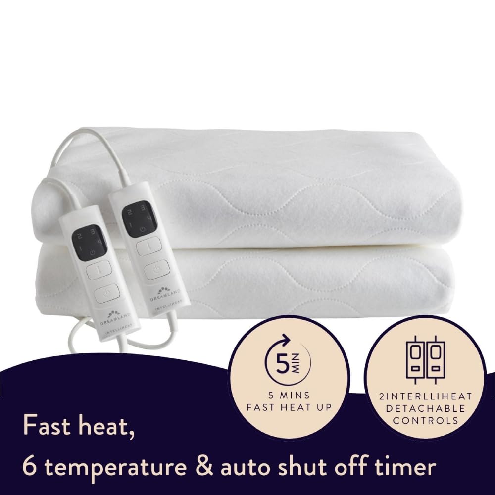 Dreamland Sleep Tight Electric Blanket - Premium Heated Fitted Underblanket with 6 Heat Settings, Fast Heat, Overheat Protection & Machine Washable, Timer, 150 x 137cm - Double Size Two Controllers