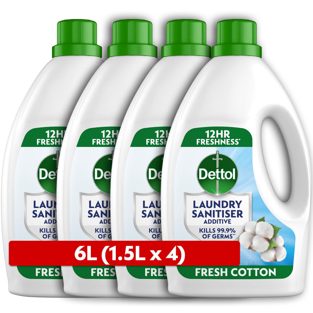 Dettol Laundry Sanitiser, Antibacterial, Fresh Cotton, 6L (1.5L x 4pck) 12hr Freshness, Hygienically Clean, Removes Odour, Kills 99.9 Percent of Bacteria - Like New