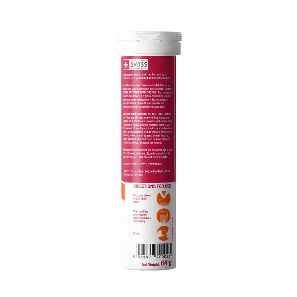 Fast&Up Iron - 19mg Iron Daily Supplement - 20 Effervescent Tablets- Fulfils Daily Iron RDA - Refreshing Orange Flavour - BBE 03/2028