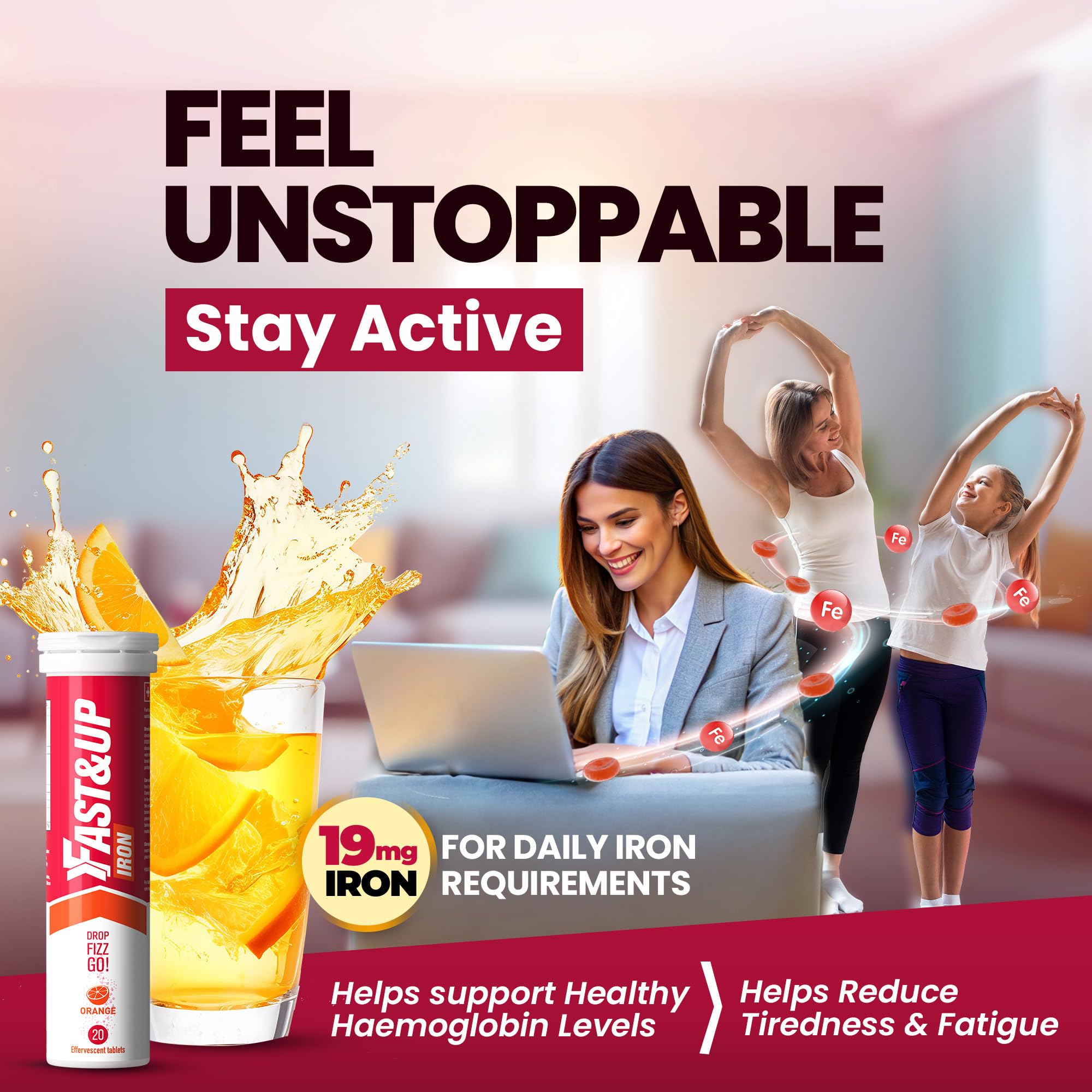 Fast&Up Iron - 19mg Iron Daily Supplement - 20 Effervescent Tablets- Fulfils Daily Iron RDA - Refreshing Orange Flavour - BBE 03/2028