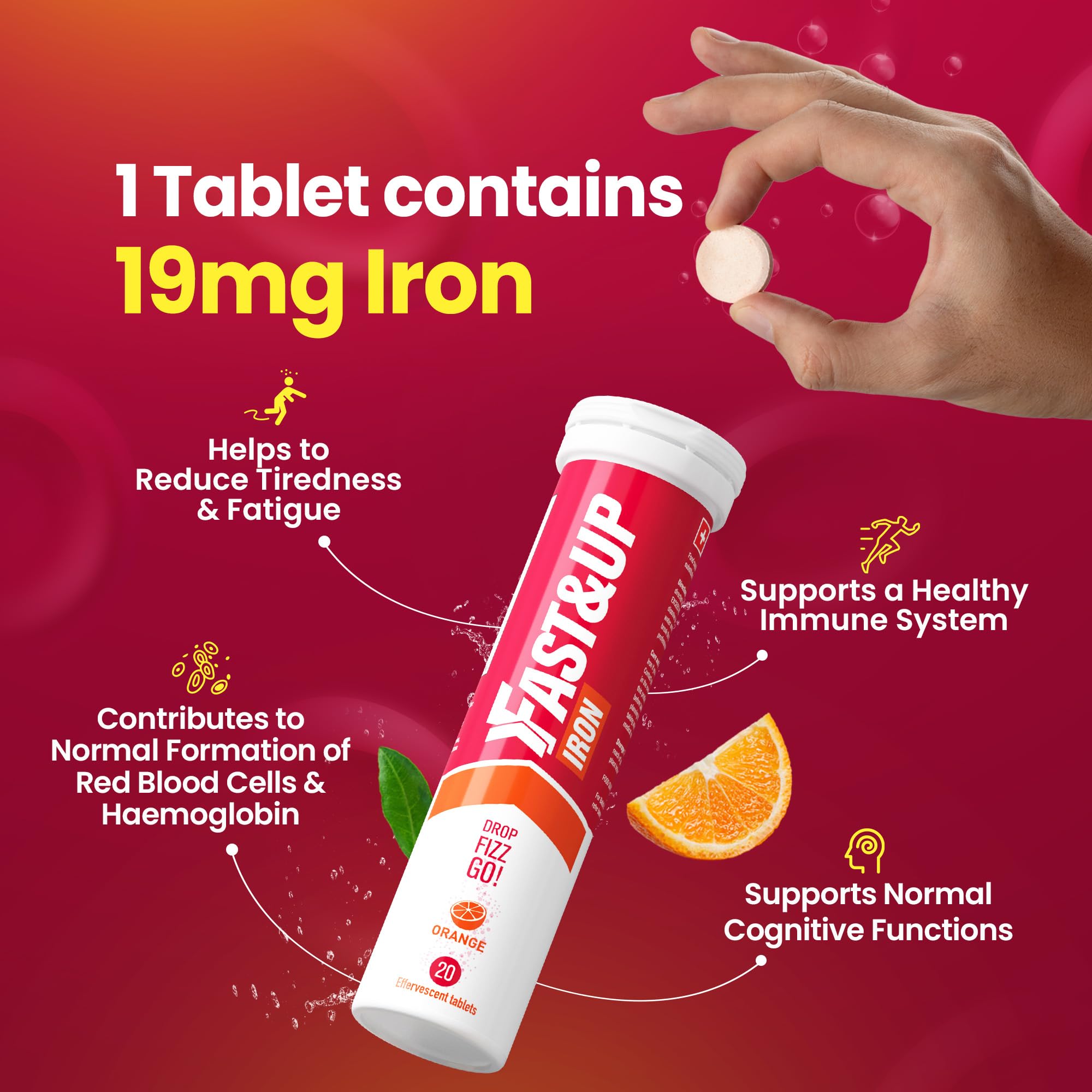 Fast&Up Iron - 19mg Iron Daily Supplement - 20 Effervescent Tablets- Fulfils Daily Iron RDA - Refreshing Orange Flavour - BBE 03/2028