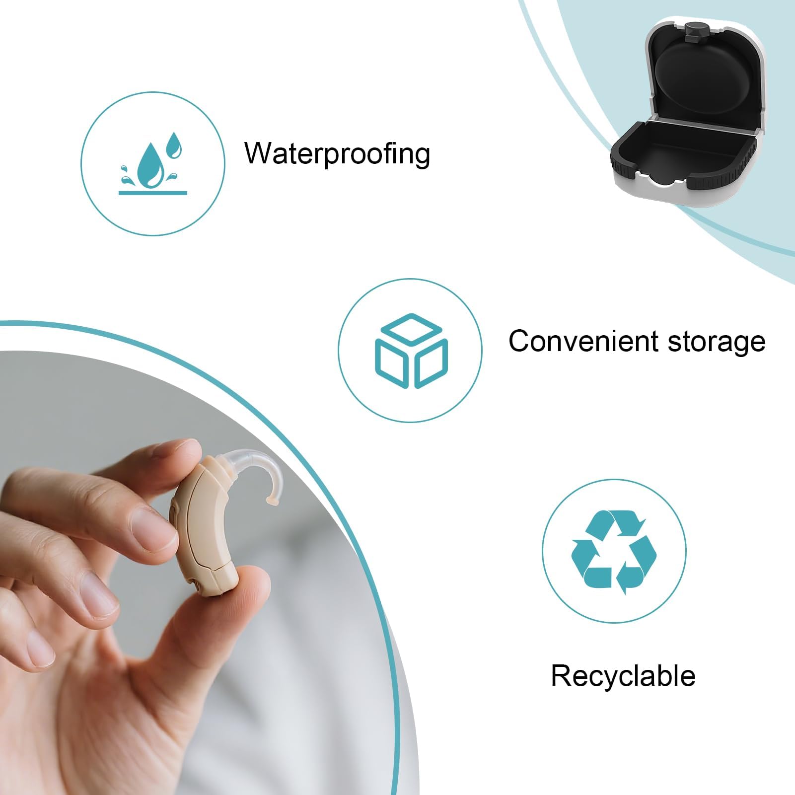 Hearing Aid Cases Hearing Aid Protective Box Portable Waterproof Earing Aids Case Anti-Drop Hearing Amplifier Storage Built-in High Elastic Silicone Air Cushion Ball for Most Earing Aids - White - Very Good