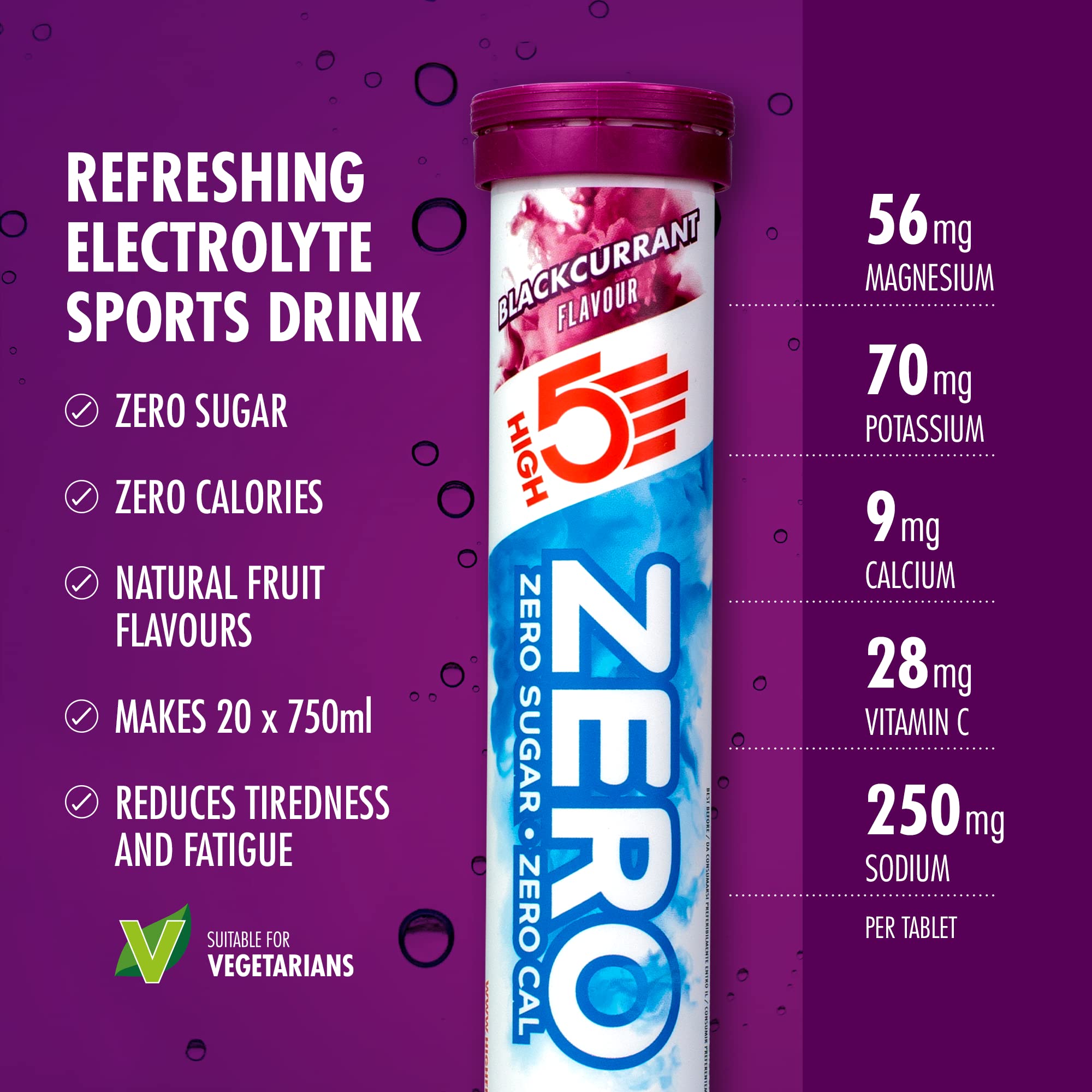 HIGH5 ZERO Electrolyte Tablet - Hydration Tablets Enhanced with Vitamin C - 0 Calories & Sugar Free - Boost Hydration, Performance & Wellness - Blackcurrant, 20 Tablets (20x, Pack of 1) - BBE 08/2027
