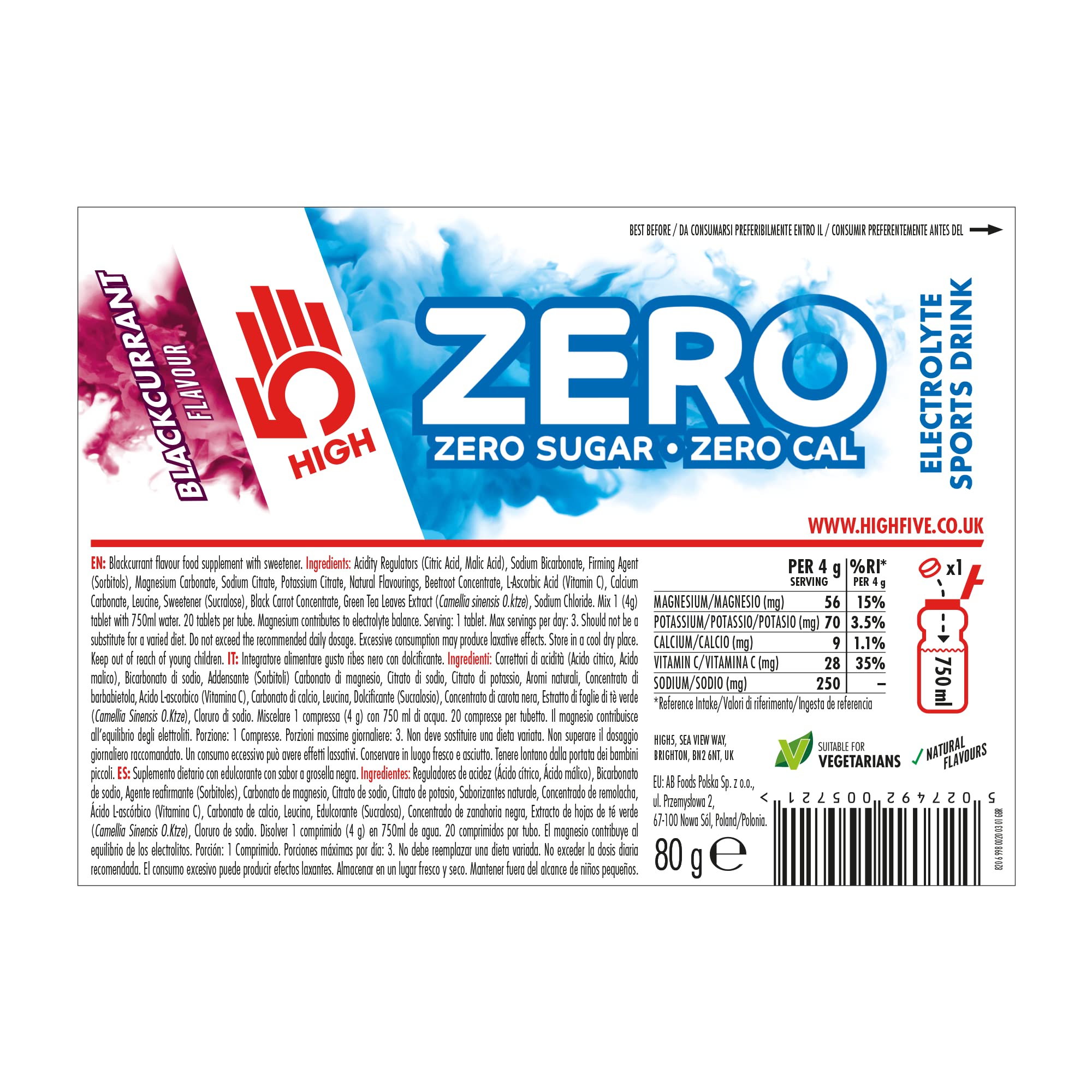 HIGH5 ZERO Electrolyte Tablet - Hydration Tablets Enhanced with Vitamin C - 0 Calories & Sugar Free - Boost Hydration, Performance & Wellness - Blackcurrant, 20 Tablets (20x, Pack of 1) - BBE 08/2027