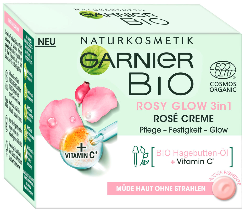 Garnier Face Cream, Bio Rosy Glow 3-in-1 Rose Cream, for tired, dull skin, gives the skin a youthful glow, nourishes and firms the skin with organic rose hip oil and vitamin C, 50 ml