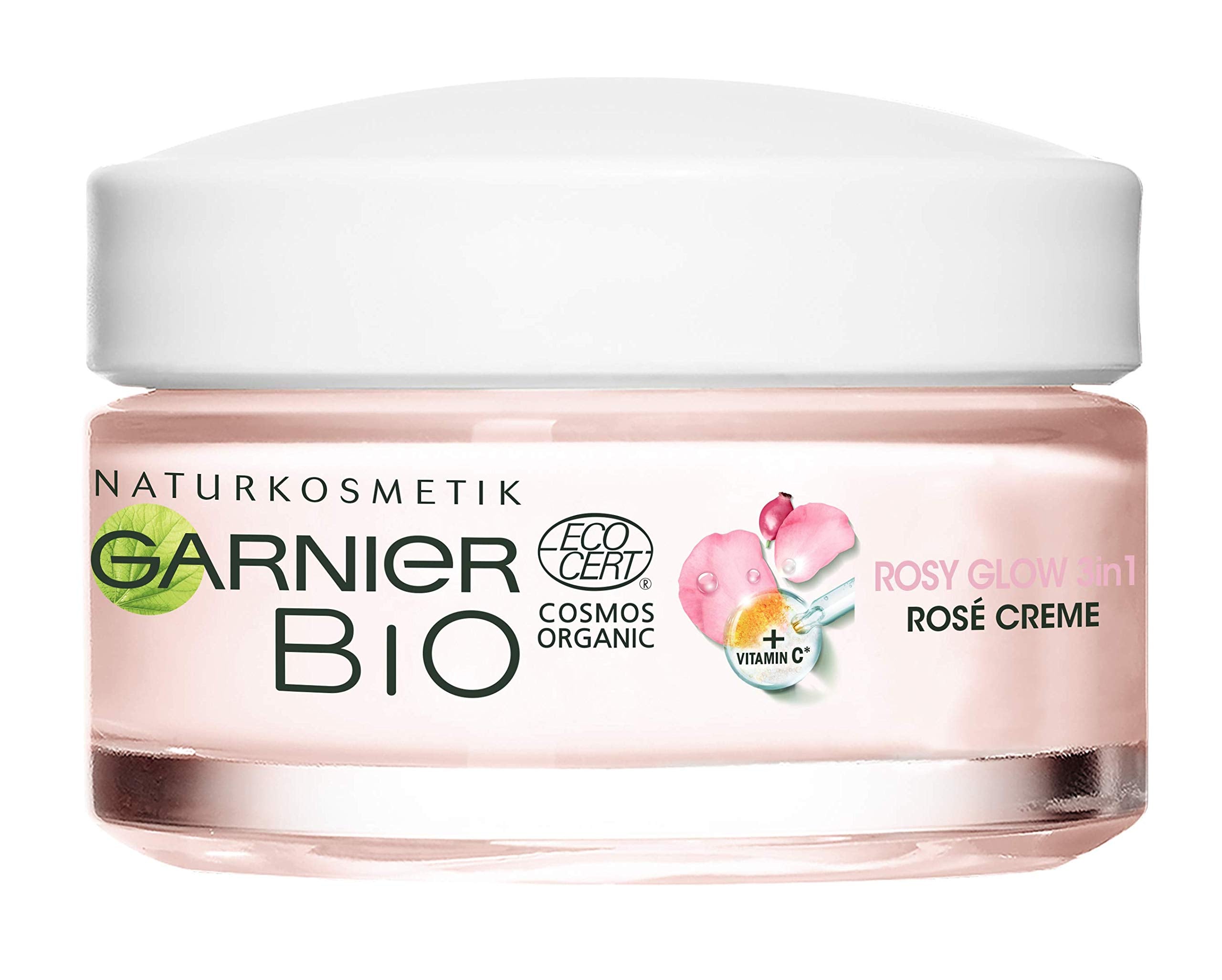 Garnier Face Cream, Bio Rosy Glow 3-in-1 Rose Cream, for tired, dull skin, gives the skin a youthful glow, nourishes and firms the skin with organic rose hip oil and vitamin C, 50 ml