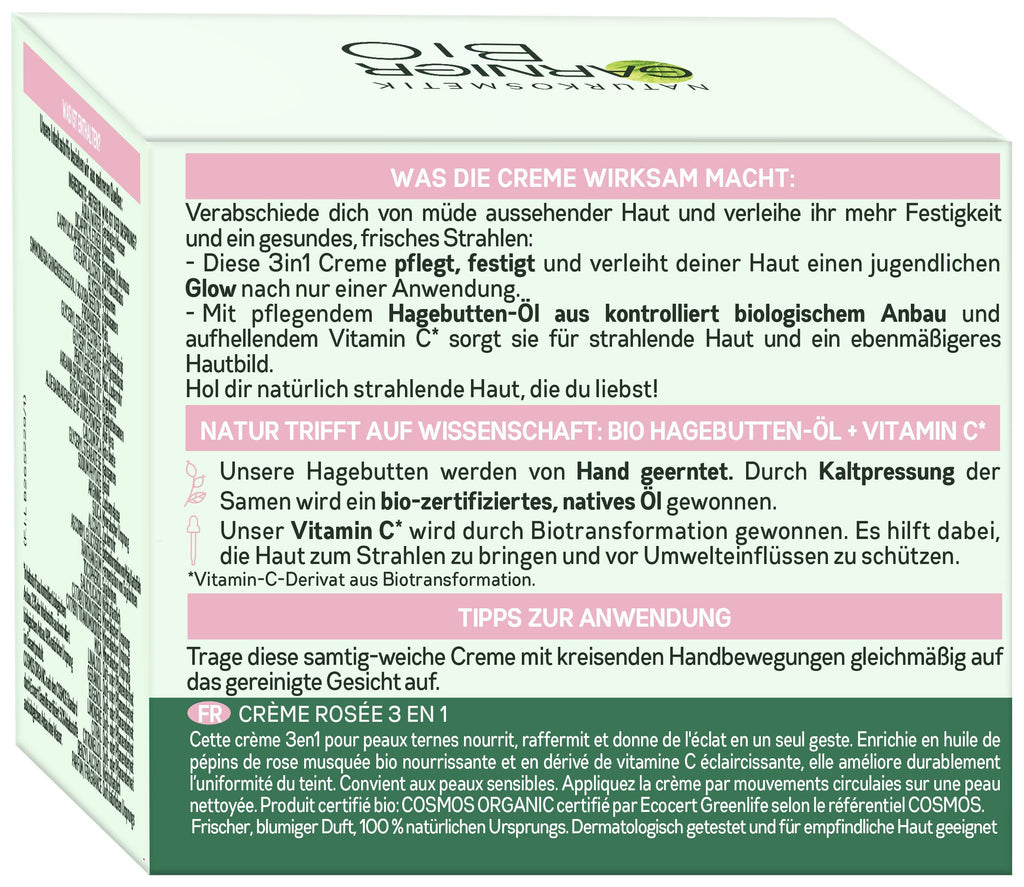 Garnier Face Cream, Bio Rosy Glow 3-in-1 Rose Cream, for tired, dull skin, gives the skin a youthful glow, nourishes and firms the skin with organic rose hip oil and vitamin C, 50 ml