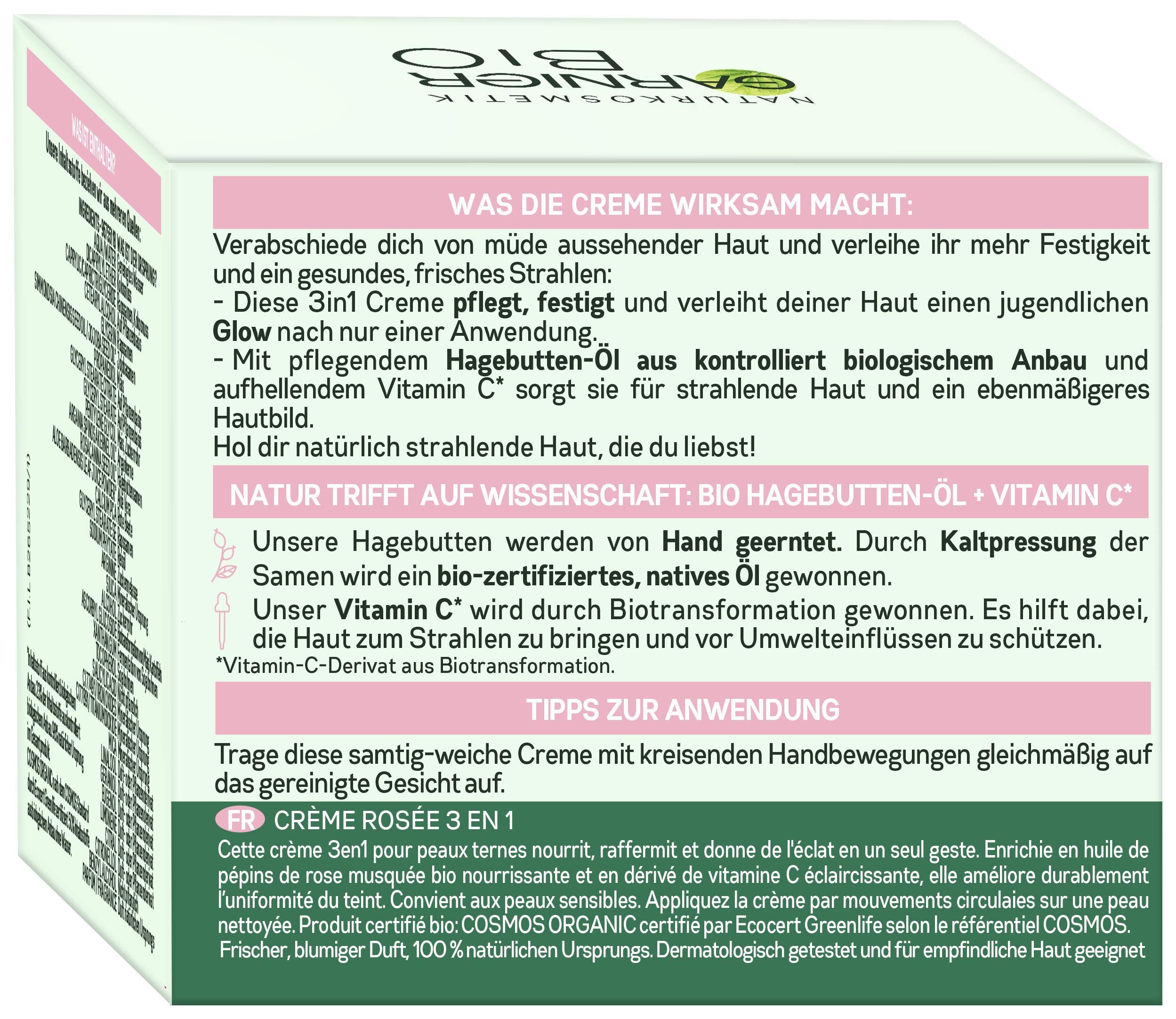 Garnier Face Cream, Bio Rosy Glow 3-in-1 Rose Cream, for tired, dull skin, gives the skin a youthful glow, nourishes and firms the skin with organic rose hip oil and vitamin C, 50 ml