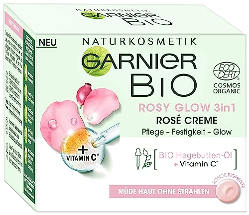Garnier Face Cream, Bio Rosy Glow 3-in-1 Rose Cream, for tired, dull skin, gives the skin a youthful glow, nourishes and firms the skin with organic rose hip oil and vitamin C, 50 ml