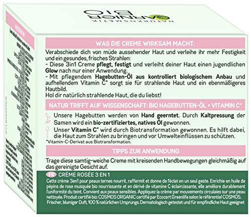 Garnier Face Cream, Bio Rosy Glow 3-in-1 Rose Cream, for tired, dull skin, gives the skin a youthful glow, nourishes and firms the skin with organic rose hip oil and vitamin C, 50 ml