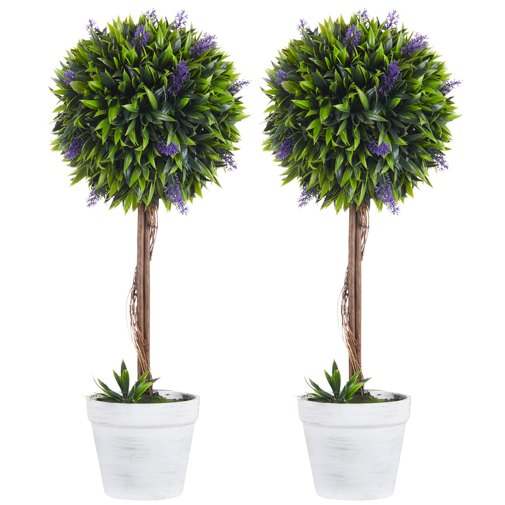 HOMCOM Set of 2 Decorative Artificial Plants Ball Trees with Lavender Flowers in Pot Fake Plants for Home Indoor Outdoor Decor, 60cm, Green - Damaged Box