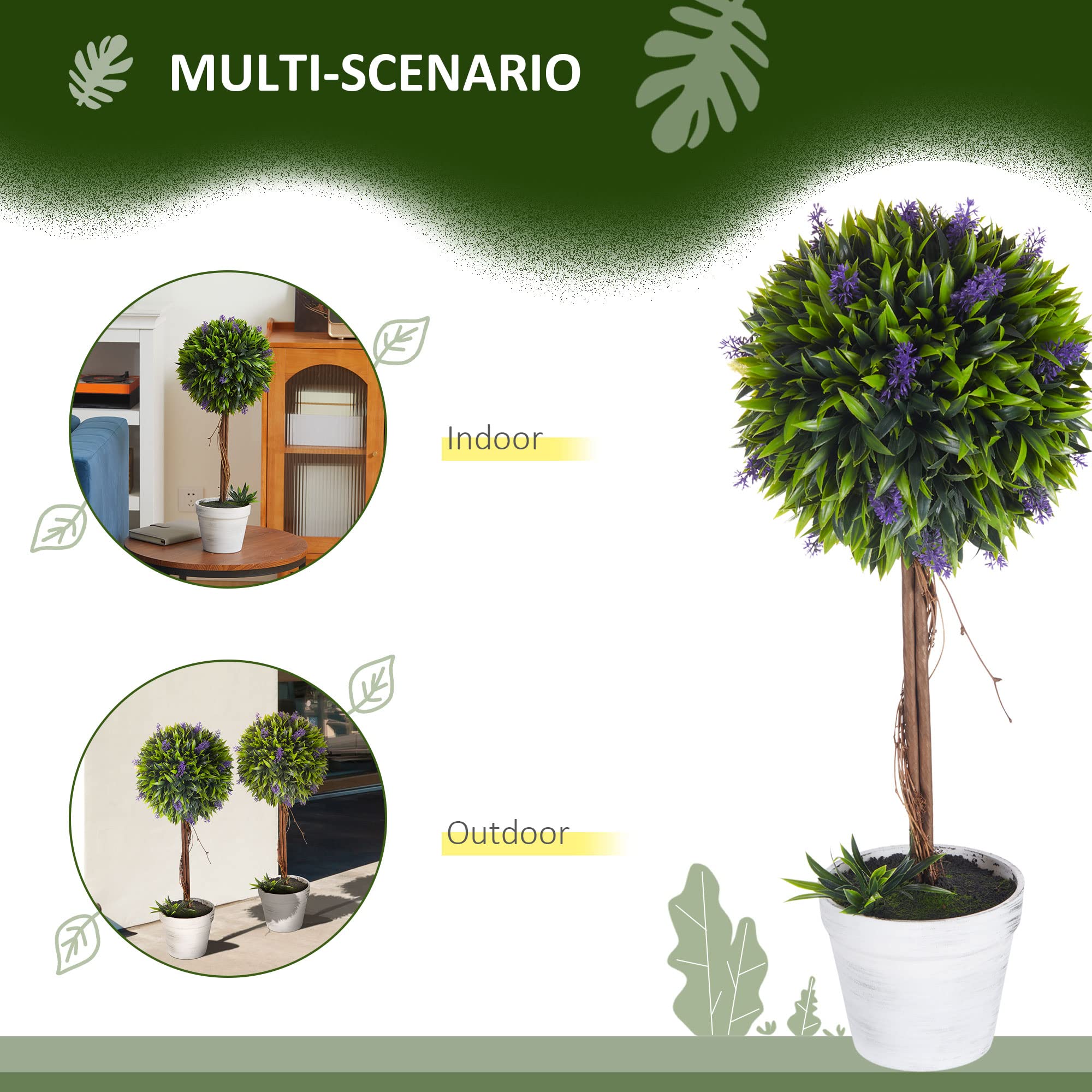 HOMCOM Set of 2 Decorative Artificial Plants Ball Trees with Lavender Flowers in Pot Fake Plants for Home Indoor Outdoor Decor, 60cm, Green - Damaged Box