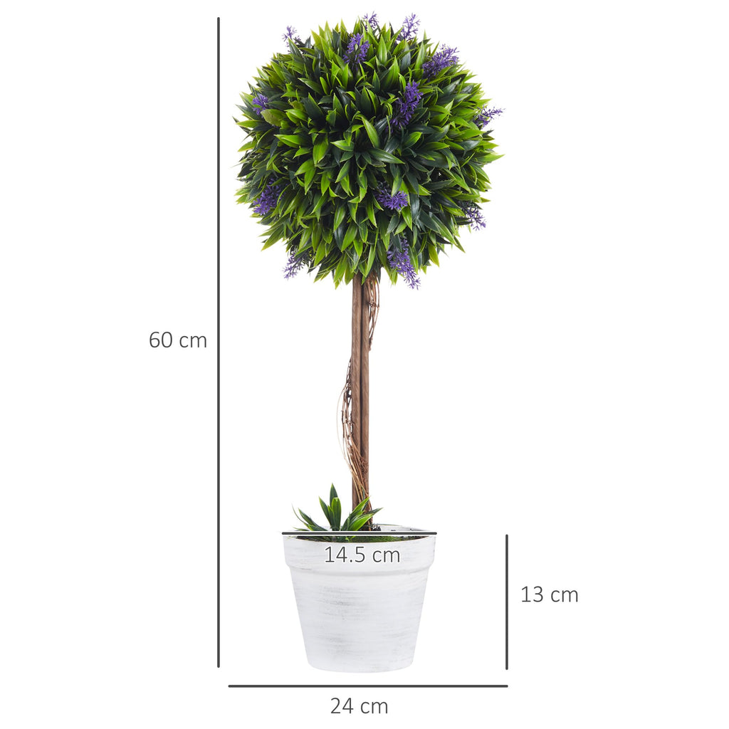 HOMCOM Set of 2 Decorative Artificial Plants Ball Trees with Lavender Flowers in Pot Fake Plants for Home Indoor Outdoor Decor, 60cm, Green - Damaged Box