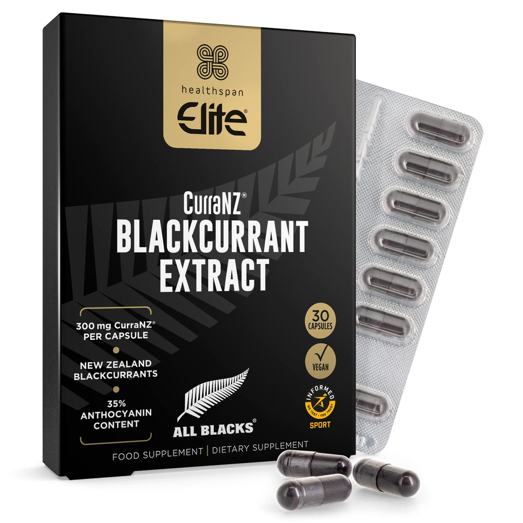 Healthspan Elite All Blacks CurraNZ Blackcurrant Extract 300mg (1 Month Supply) | Helps the Body Overcome Stress & Exertion | 300mg Natural Extract Per Capsule | 35% Anthocyanin | Vegan Friendly - Damaged Box