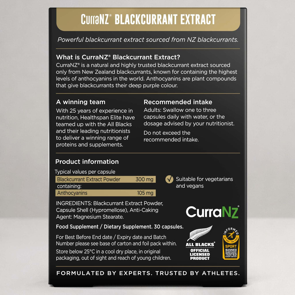 Healthspan Elite All Blacks CurraNZ Blackcurrant Extract 300mg (1 Month Supply) | Helps the Body Overcome Stress & Exertion | 300mg Natural Extract Per Capsule | 35% Anthocyanin | Vegan Friendly - Damaged Box