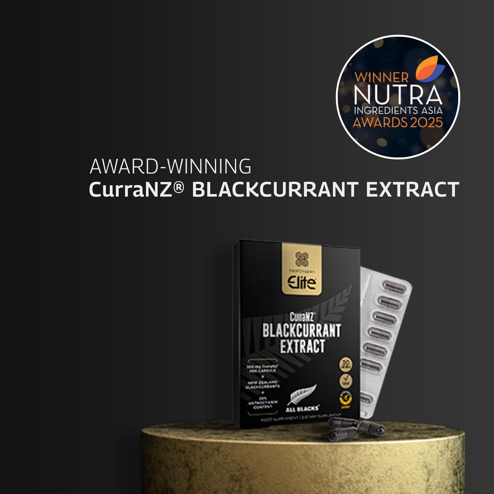 Healthspan Elite All Blacks CurraNZ Blackcurrant Extract 300mg (1 Month Supply) | Helps the Body Overcome Stress & Exertion | 300mg Natural Extract Per Capsule | 35% Anthocyanin | Vegan Friendly - Damaged Box