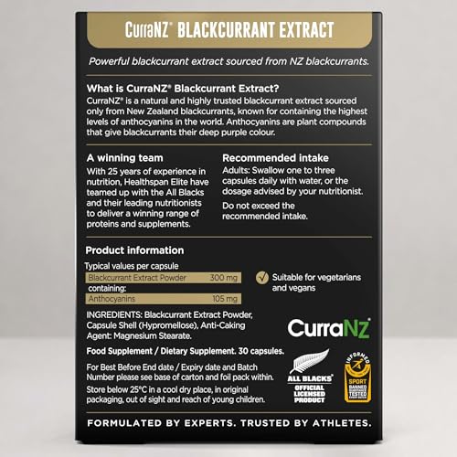 Healthspan Elite All Blacks CurraNZ Blackcurrant Extract 300mg (1 Month Supply) | Helps the Body Overcome Stress & Exertion | 300mg Natural Extract Per Capsule | 35% Anthocyanin | Vegan Friendly - Damaged Box