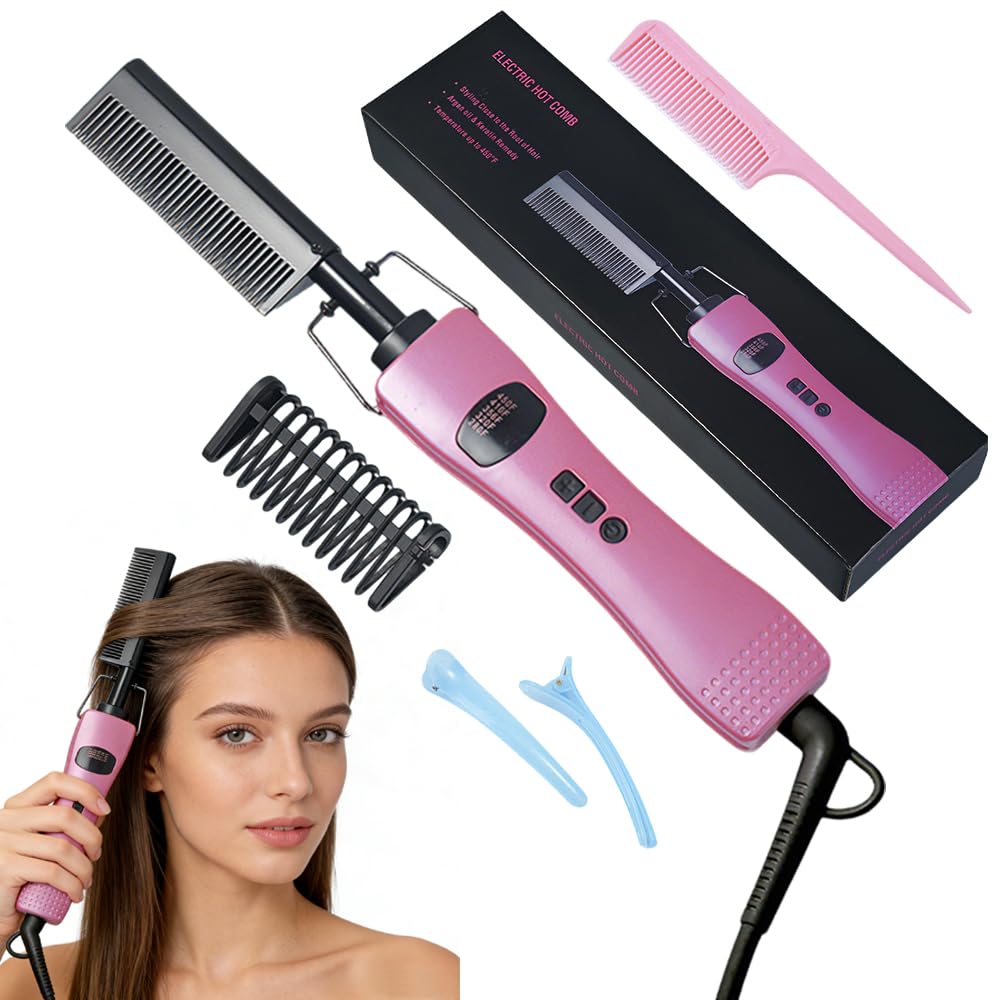 Hot Comb Hair Straightener, Hot Comb for Wigs, Electric Straightening Comb, 280~450^0F Temperatures Adjustable, 60 Min Auto Shut Off, for Wigs, Afro Hair & Beard - Damaged Box
