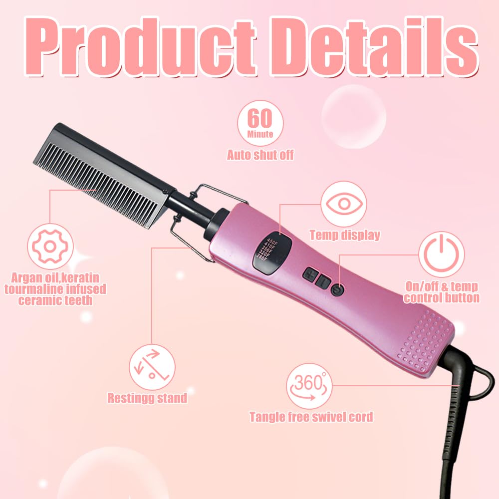 Hot Comb Hair Straightener, Hot Comb for Wigs, Electric Straightening Comb, 280~450^0F Temperatures Adjustable, 60 Min Auto Shut Off, for Wigs, Afro Hair & Beard - Damaged Box