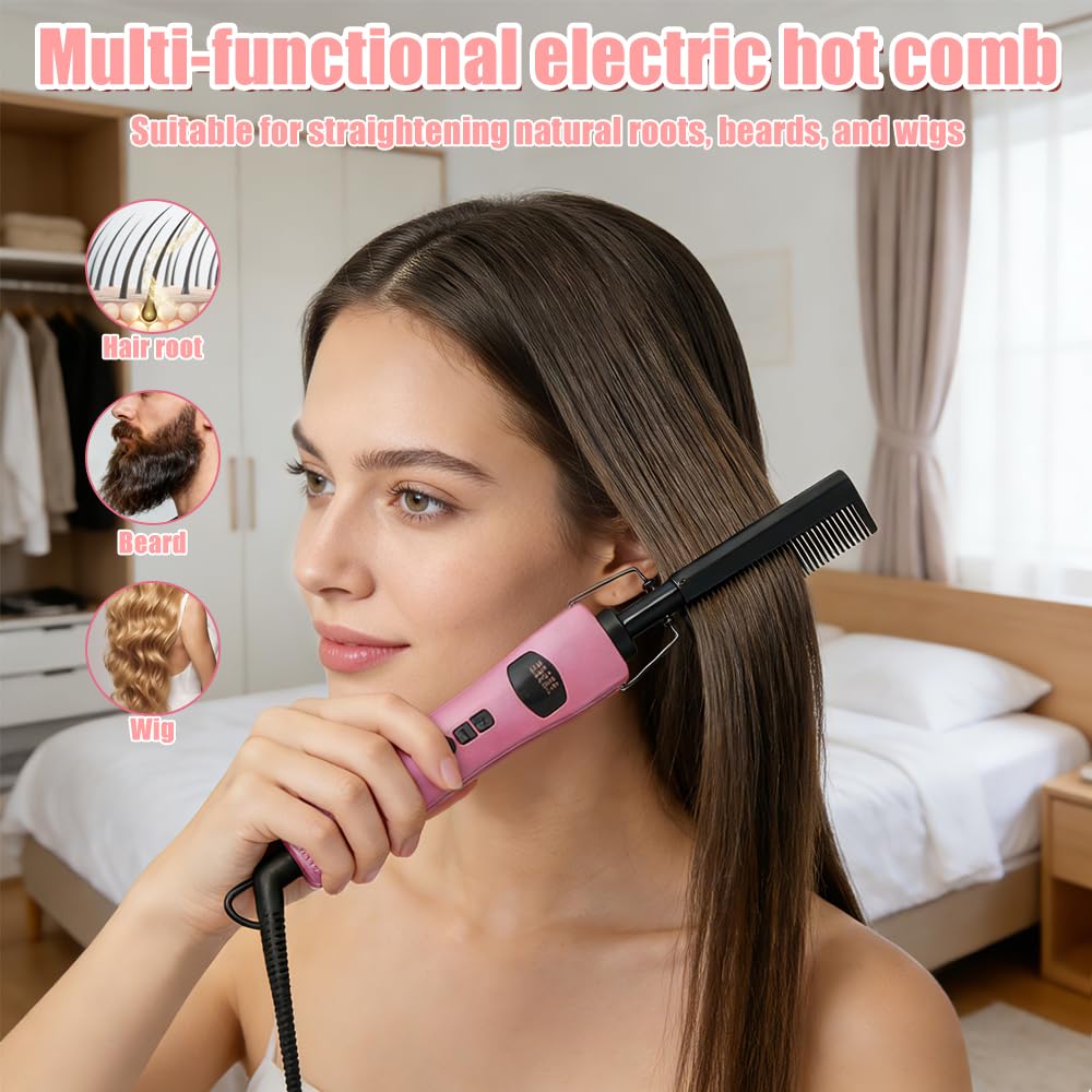 Hot Comb Hair Straightener, Hot Comb for Wigs, Electric Straightening Comb, 280~450^0F Temperatures Adjustable, 60 Min Auto Shut Off, for Wigs, Afro Hair & Beard - Damaged Box