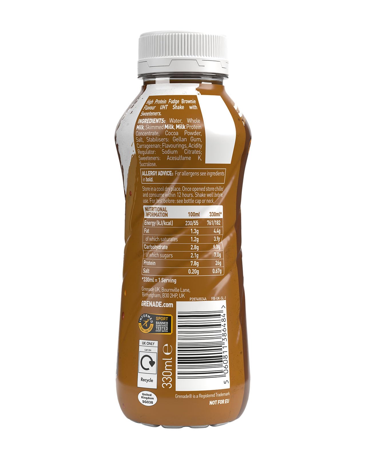 Grenade Fudge Brownie High Protein Shake, 8 x 330 ml - Ready to Drink Milk Protein Shakes with Over 24 g Protein per Bottle - Damaged Box - BBE 01/2027