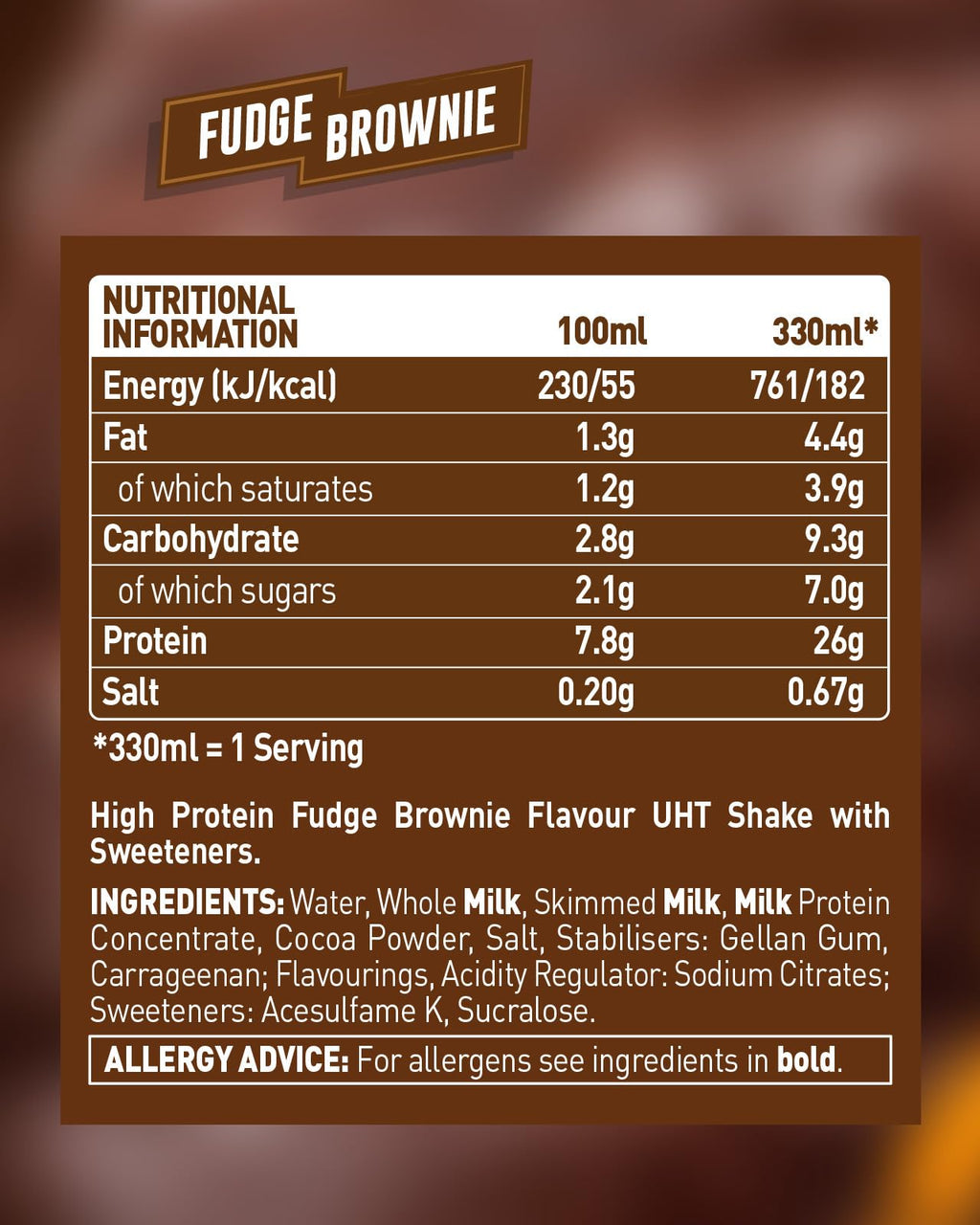 Grenade Fudge Brownie High Protein Shake, 8 x 330 ml - Ready to Drink Milk Protein Shakes with Over 24 g Protein per Bottle - Damaged Box - BBE 01/2027