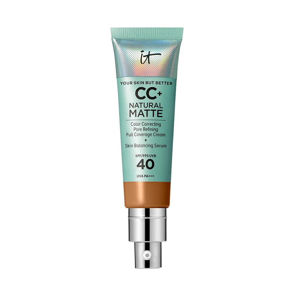 IT Cosmetics Full Coverage Foundation, Natural Matte, Made with Hyaluronic Acid, SPF 40 Protection, Your Skin But Better CC+, Shade: Tan Warm, 32ml