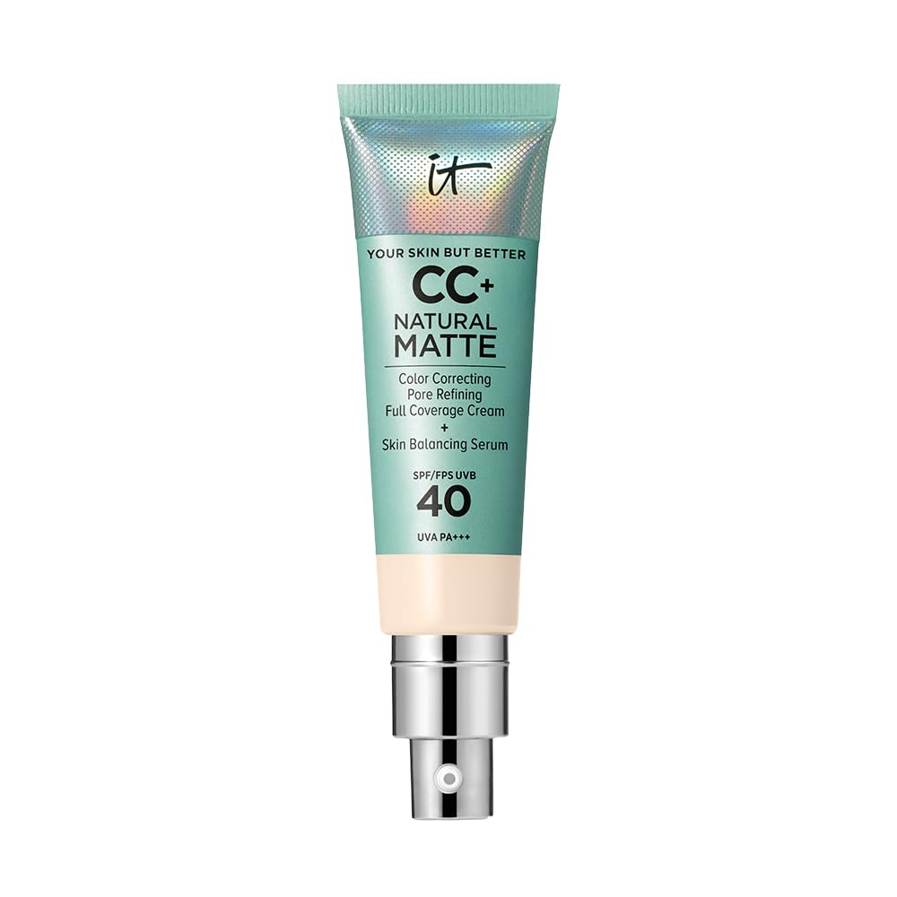 IT Cosmetics Full Coverage Foundation, Natural Matte, Made with Hyaluronic Acid, SPF 40 Protection, Your Skin But Better CC+, Shade: Tan Warm, 32ml