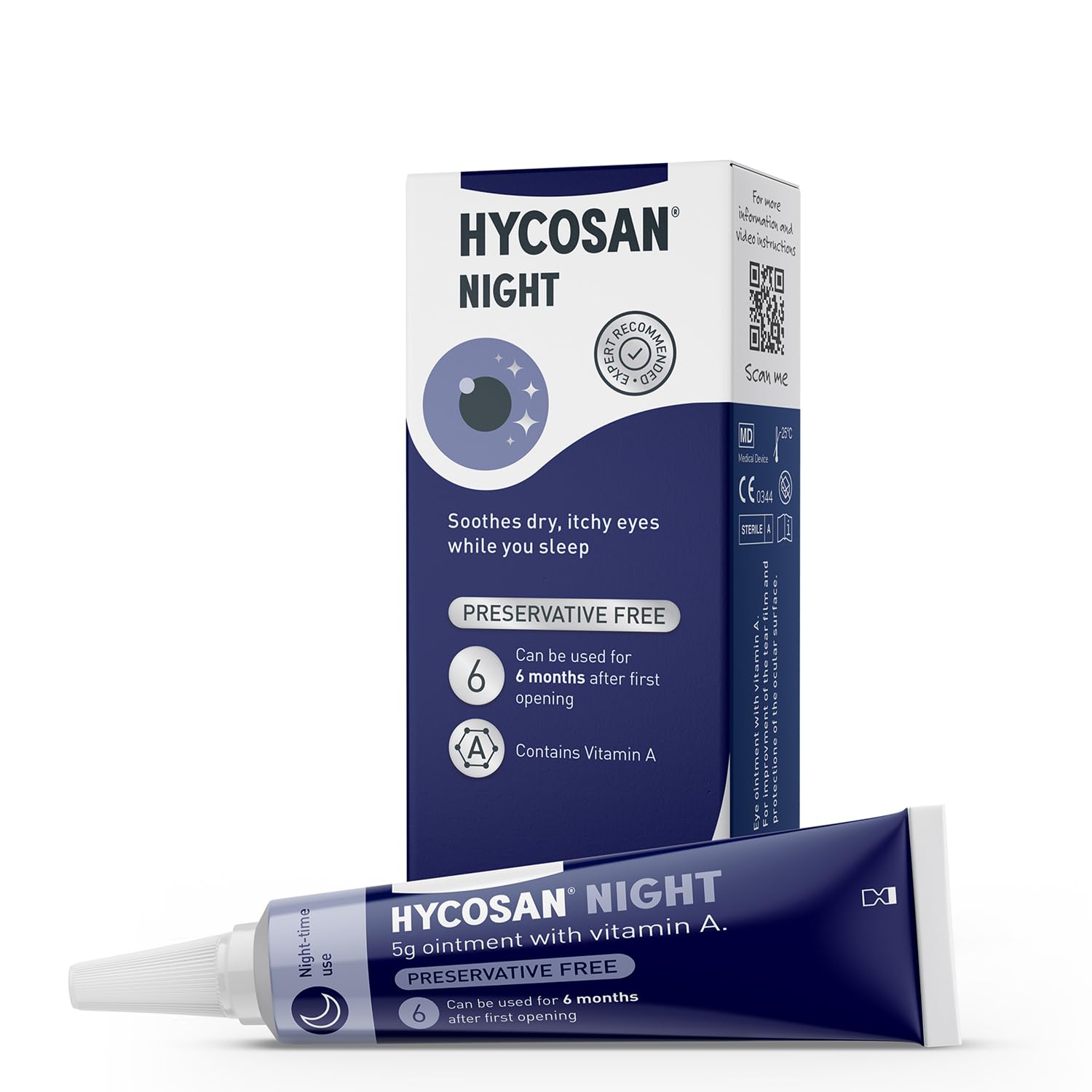 Hycosan Night - Soothing Relief and Protection Against Dry, Tired and Burning Eyes While You Sleep - with Vitamin A and Preservative Free - 300 Applications - Damaged Box - BBE 09/2028