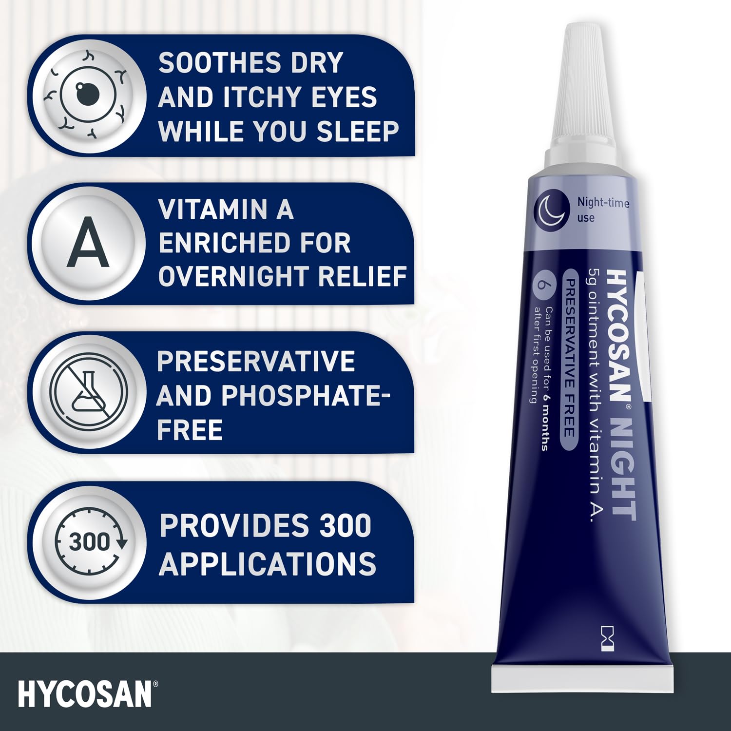 Hycosan Night - Soothing Relief and Protection Against Dry, Tired and Burning Eyes While You Sleep - with Vitamin A and Preservative Free - 300 Applications - Damaged Box - BBE 09/2028
