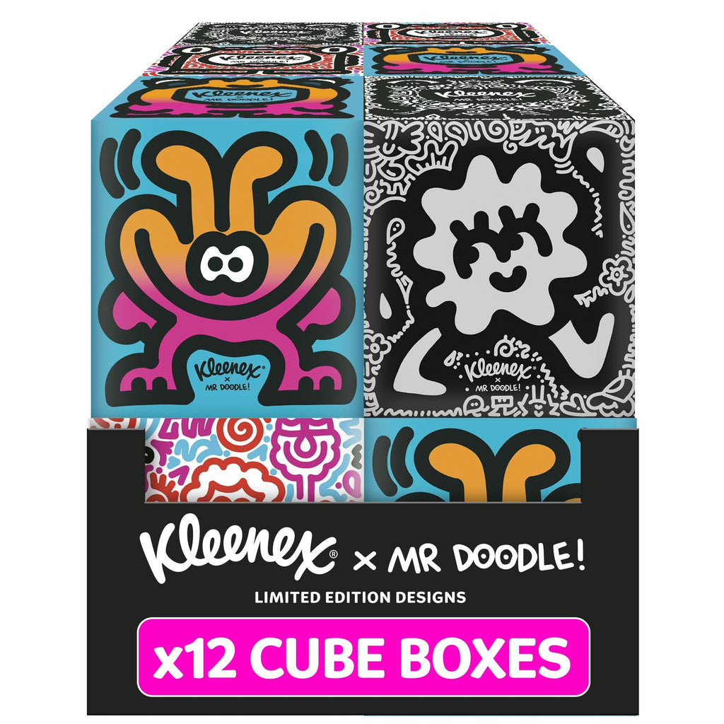 Kleenex x Mr Doodle Limited Edition Design Multipack Facial Tissues - 12 Cube Tissue Boxes, Designed in Collaboration with Mr Doodle, Made to Look Beautiful in The Home. - Damaged Box