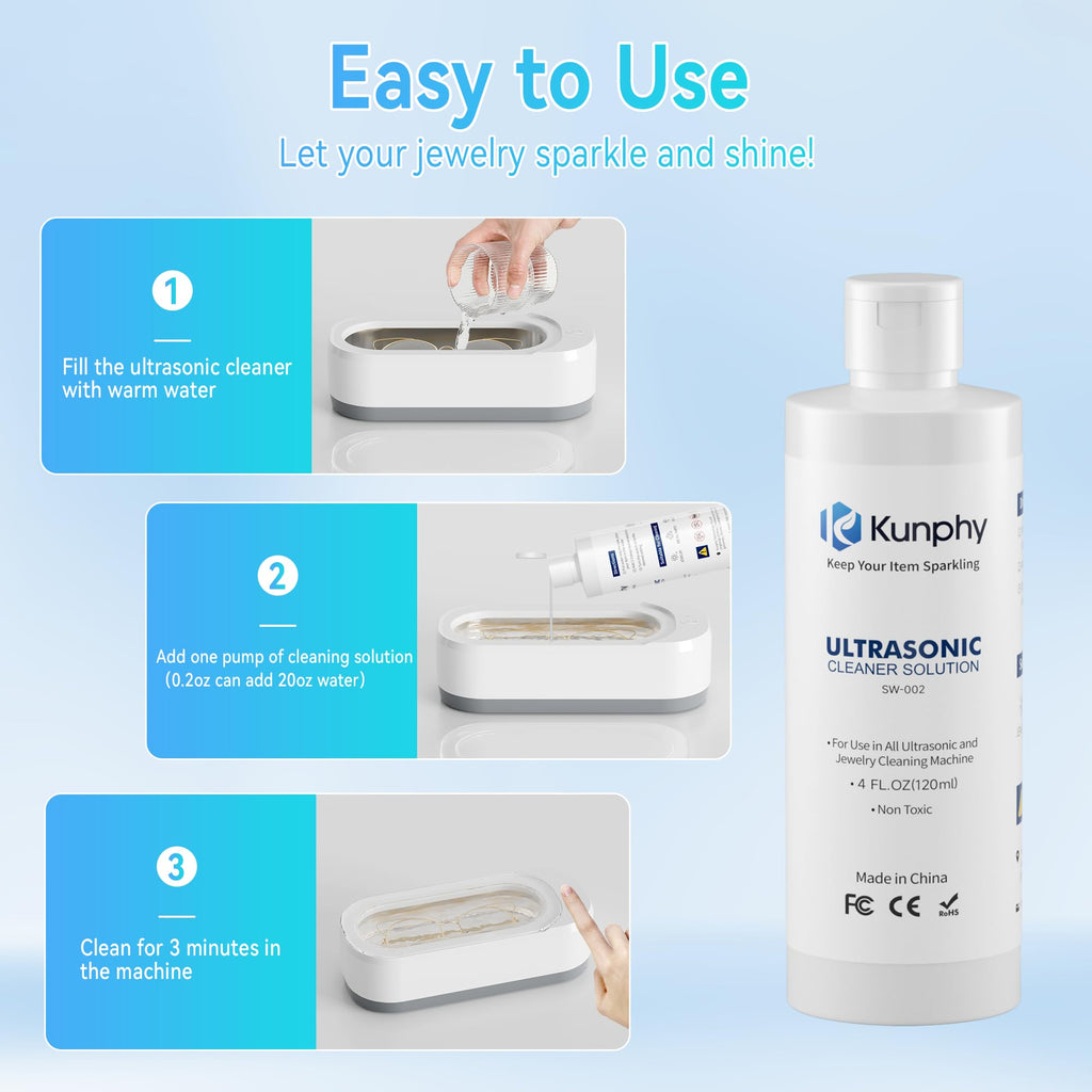 Kunphy Ultrasonic Jewellery Cleaner, Professional Ultrasonic Cleaner Fluid for Use in All Ultrasonic Cleaner Machines, Cleaning Agent Suitable for Cleaning Jewellery, Glasses etc, 120ML