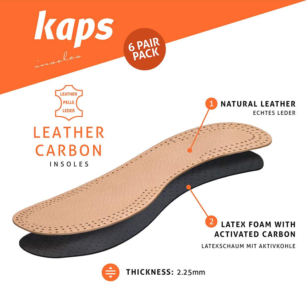 Leather Carbon Set 6 Pair Pack Leather Shoe Insoles for Men and Women with Activated Carbon Underlayer | Replacement Inserts | Kaps (Women / 7 UK / 40 EUR)